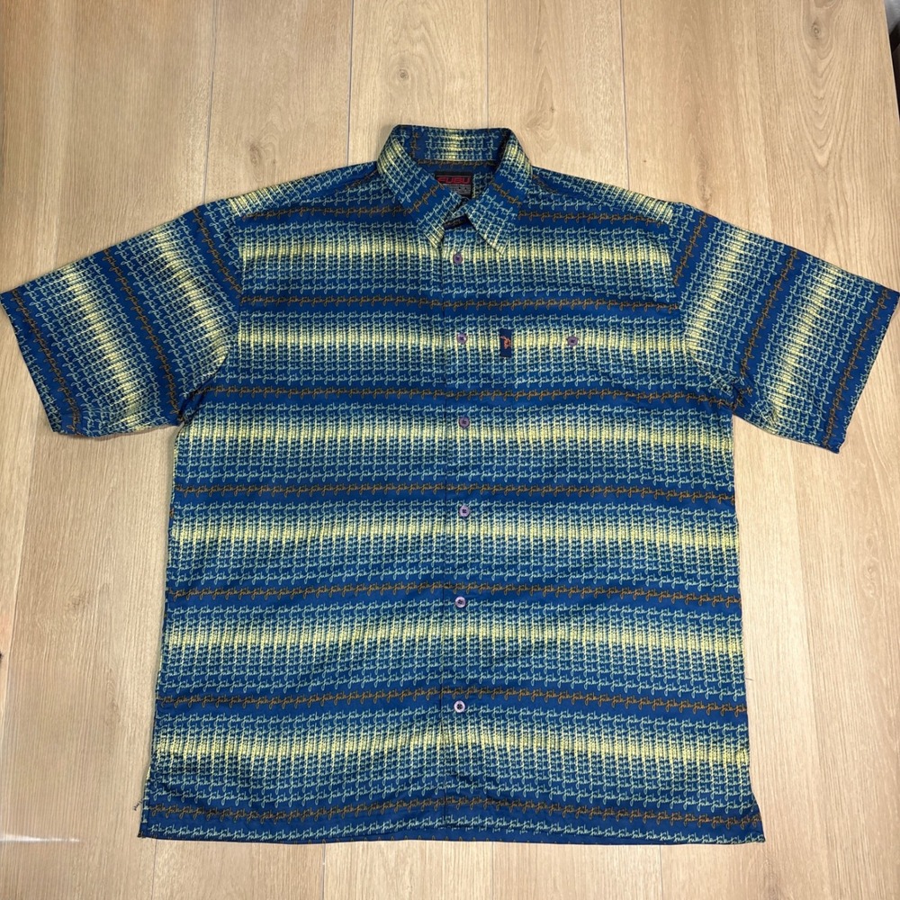 Vintage FUBU Mens XL Blue All Over‎ Print Script Logo Sleeve Button Down Shirt